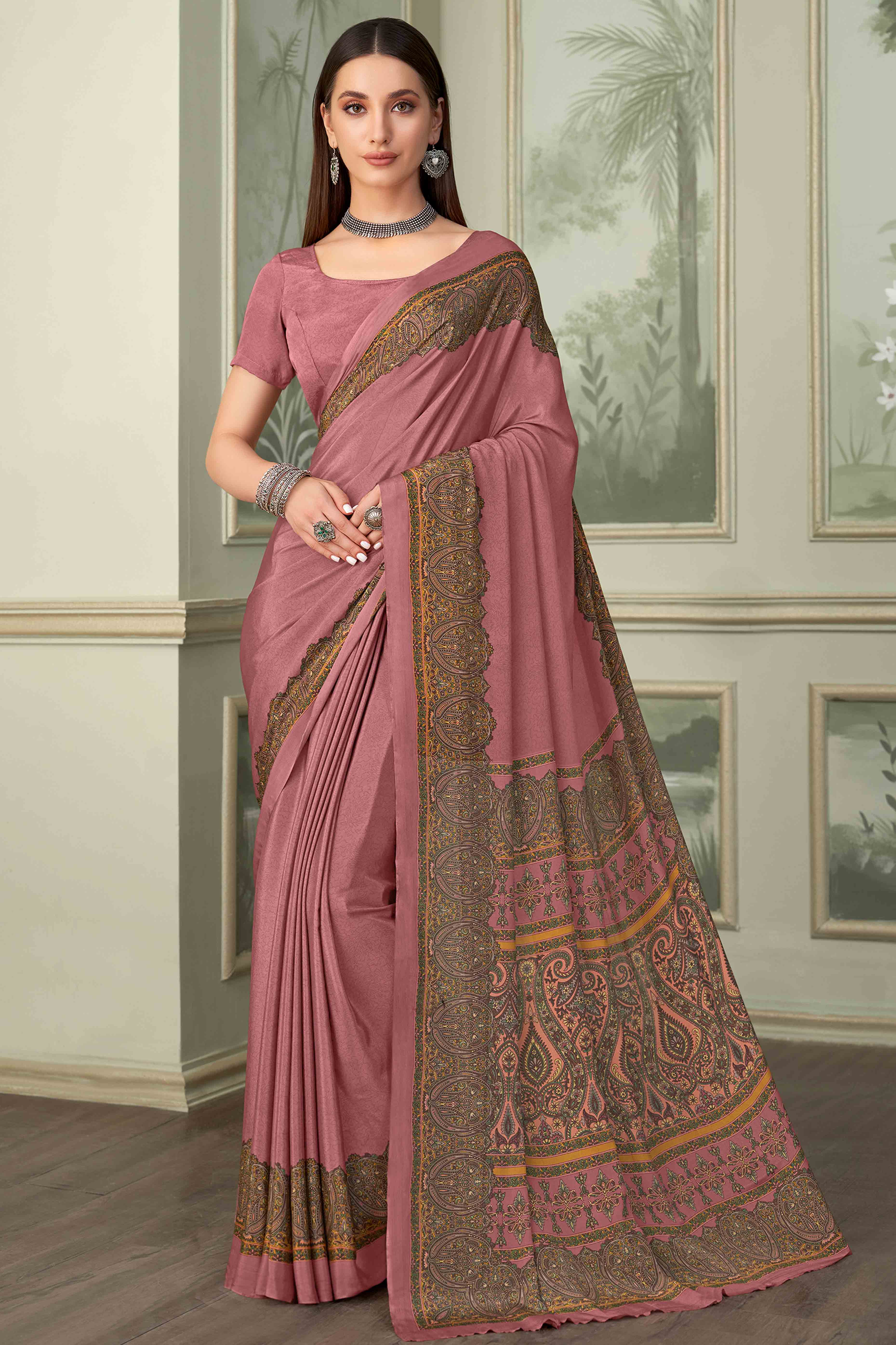 Onion Pink Floral Printed Crepe Silk Saree