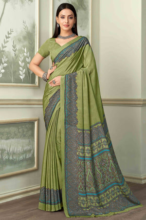 Olive Green Floral Printed Crepe Silk Saree