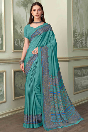 Rama Blue Floral Printed Crepe Silk Saree
