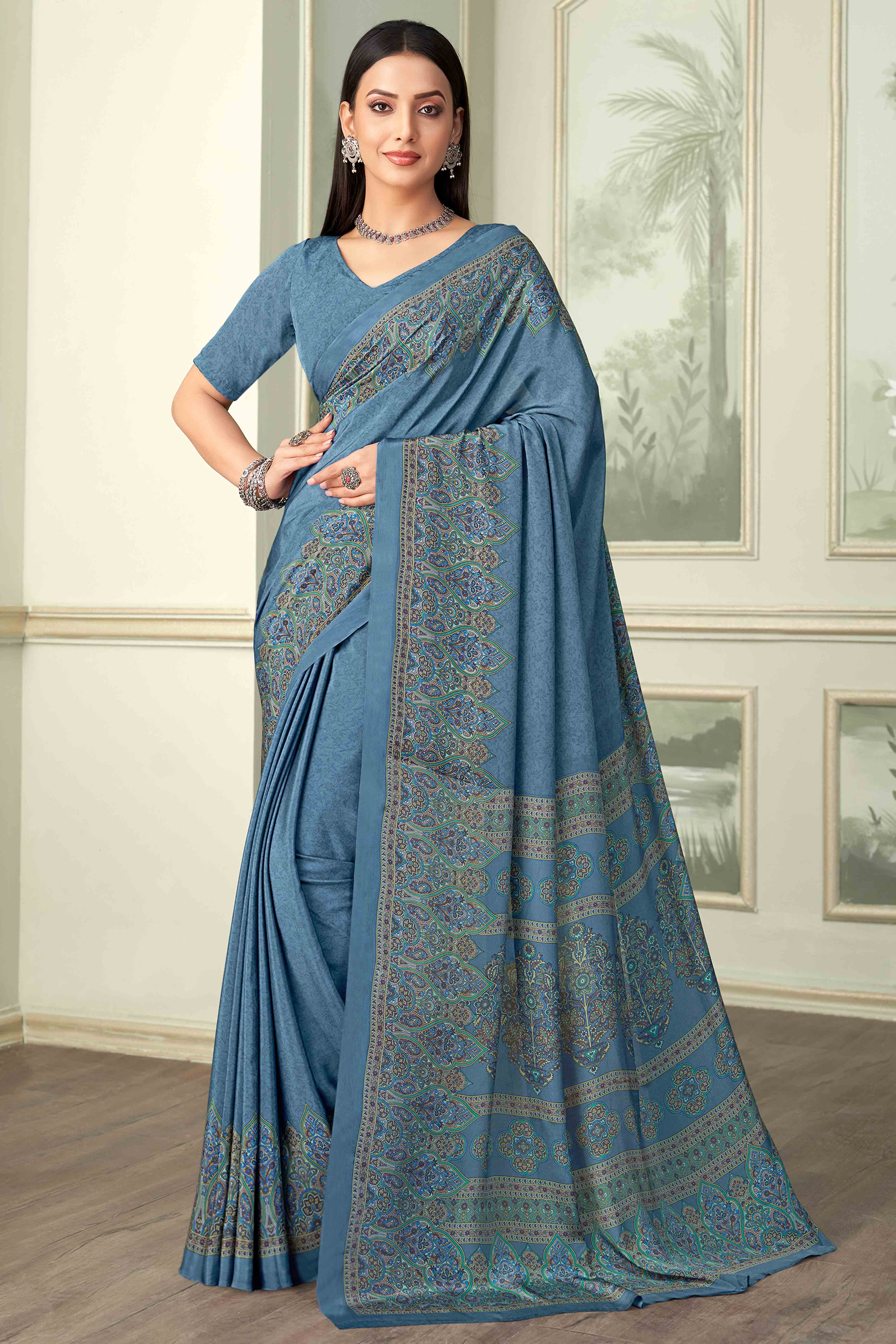 Bluish Grey Floral Printed Crepe Silk Saree