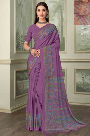 Purple Floral Printed Crepe Silk Saree