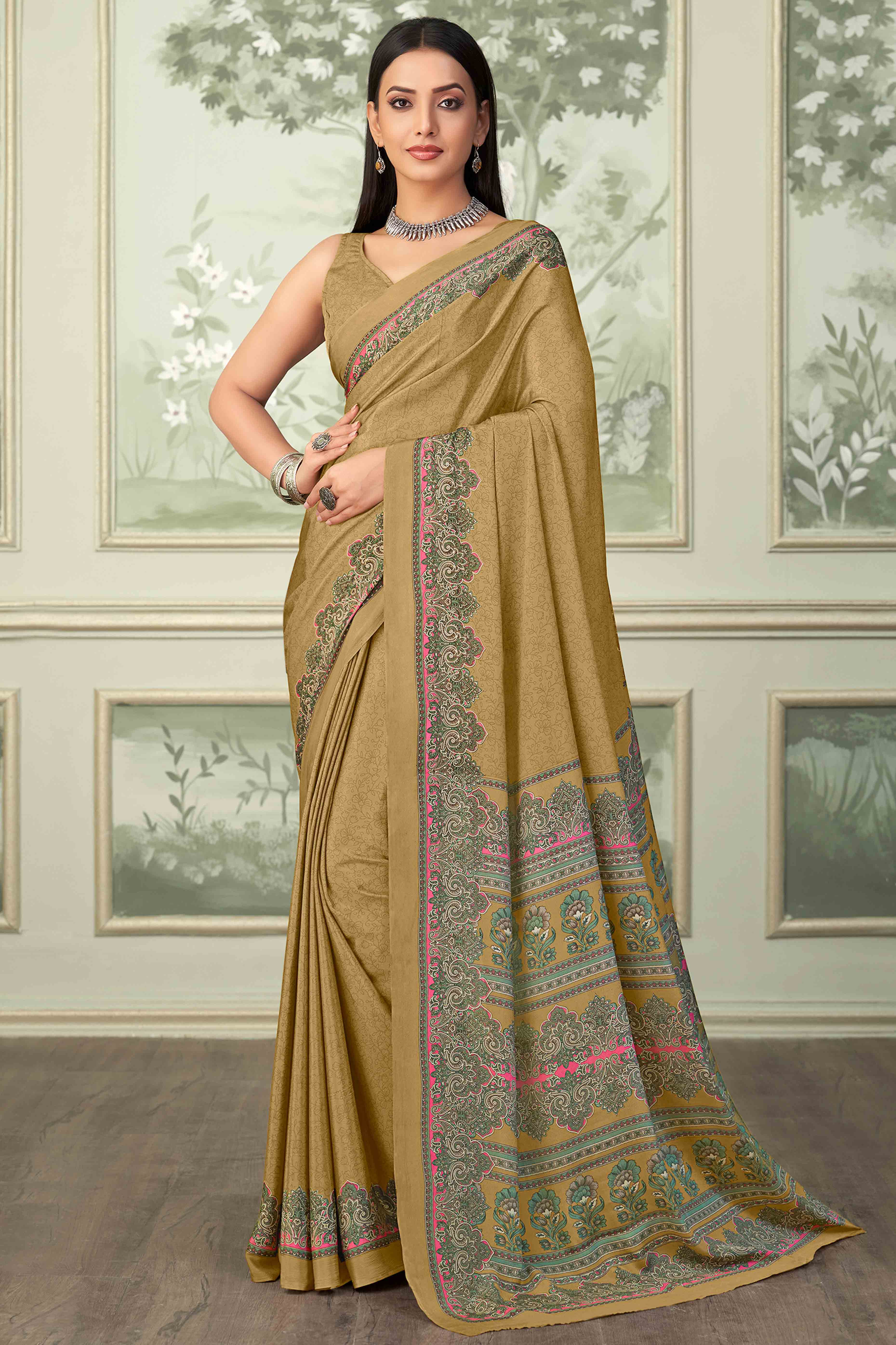 Dark Mustard Floral Printed Crepe Silk Saree