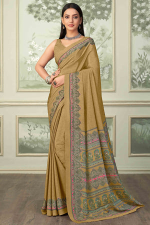 Dark Mustard Floral Printed Crepe Silk Saree