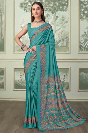 Turquoise Floral Printed Crepe Silk Saree
