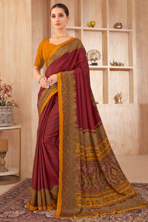 Maroon Floral Printed Crepe Silk Saree
