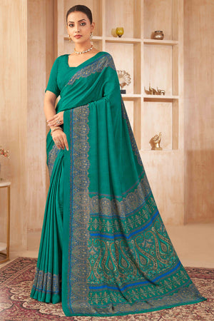Rama Green Floral Printed Crepe Silk Saree