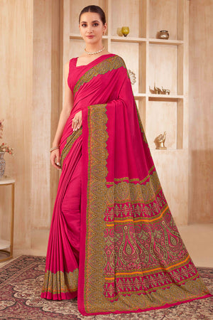 Pink Floral Printed Crepe Silk Saree
