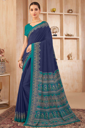 Navy Blue Floral Printed Crepe Silk Saree