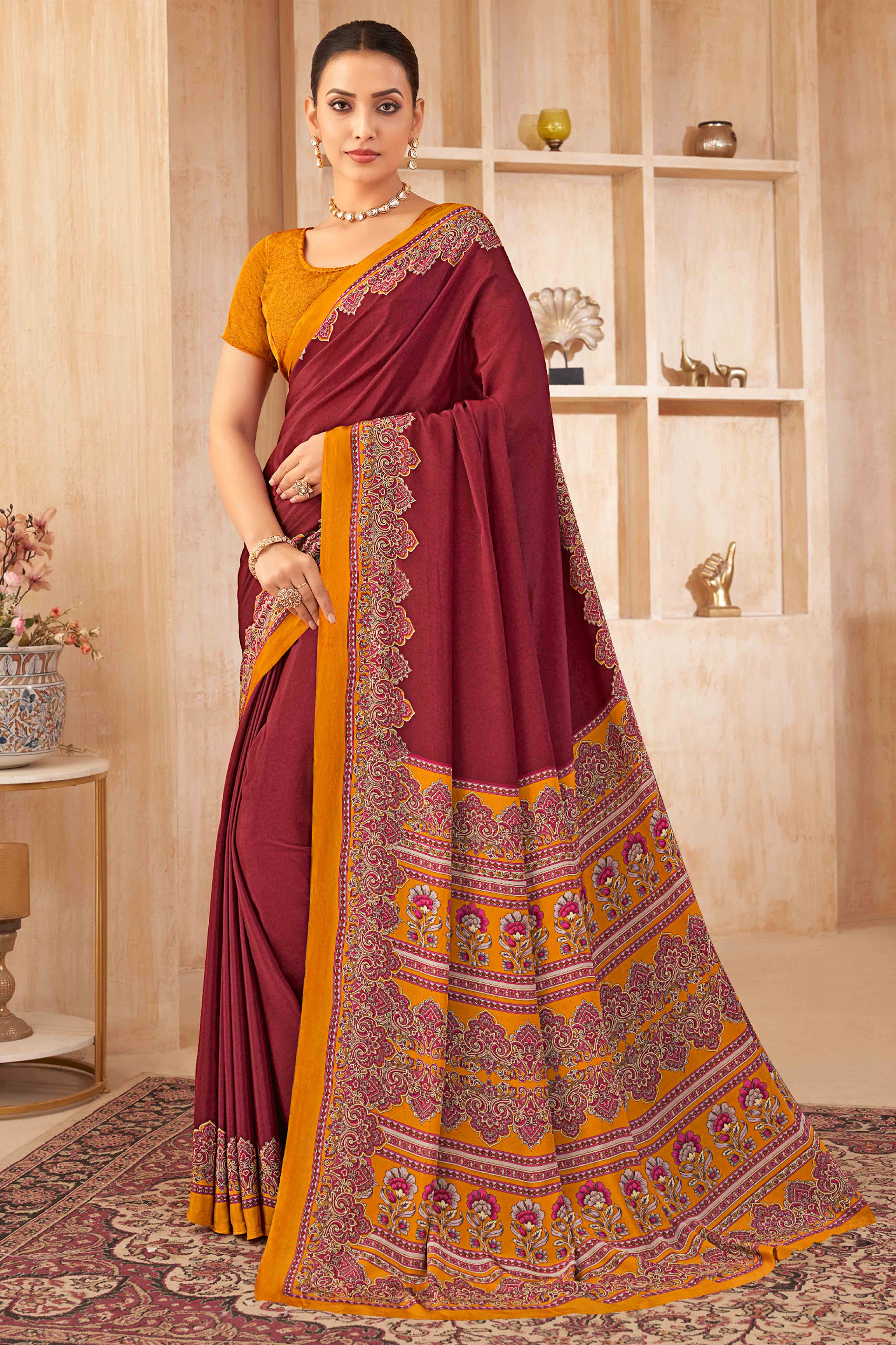 Maroon Floral Printed Crepe Silk Saree