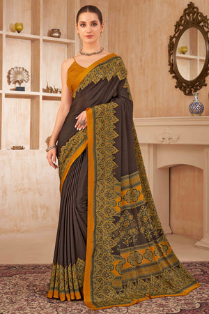 Brown Floral Printed Crepe Silk Saree