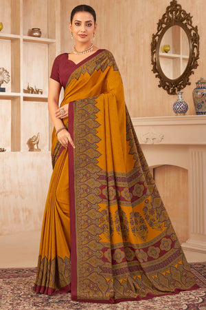 Mustard Floral Printed Crepe Silk Saree