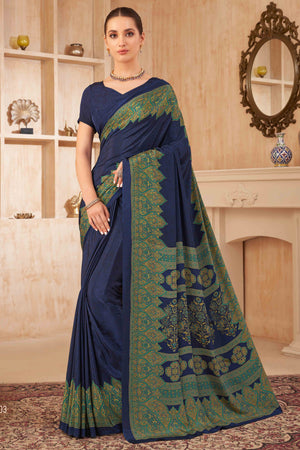 Navy Blue Floral Printed Crepe Silk Saree