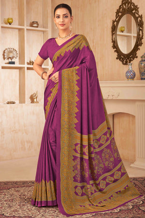 Purple Floral Printed Crepe Silk Saree
