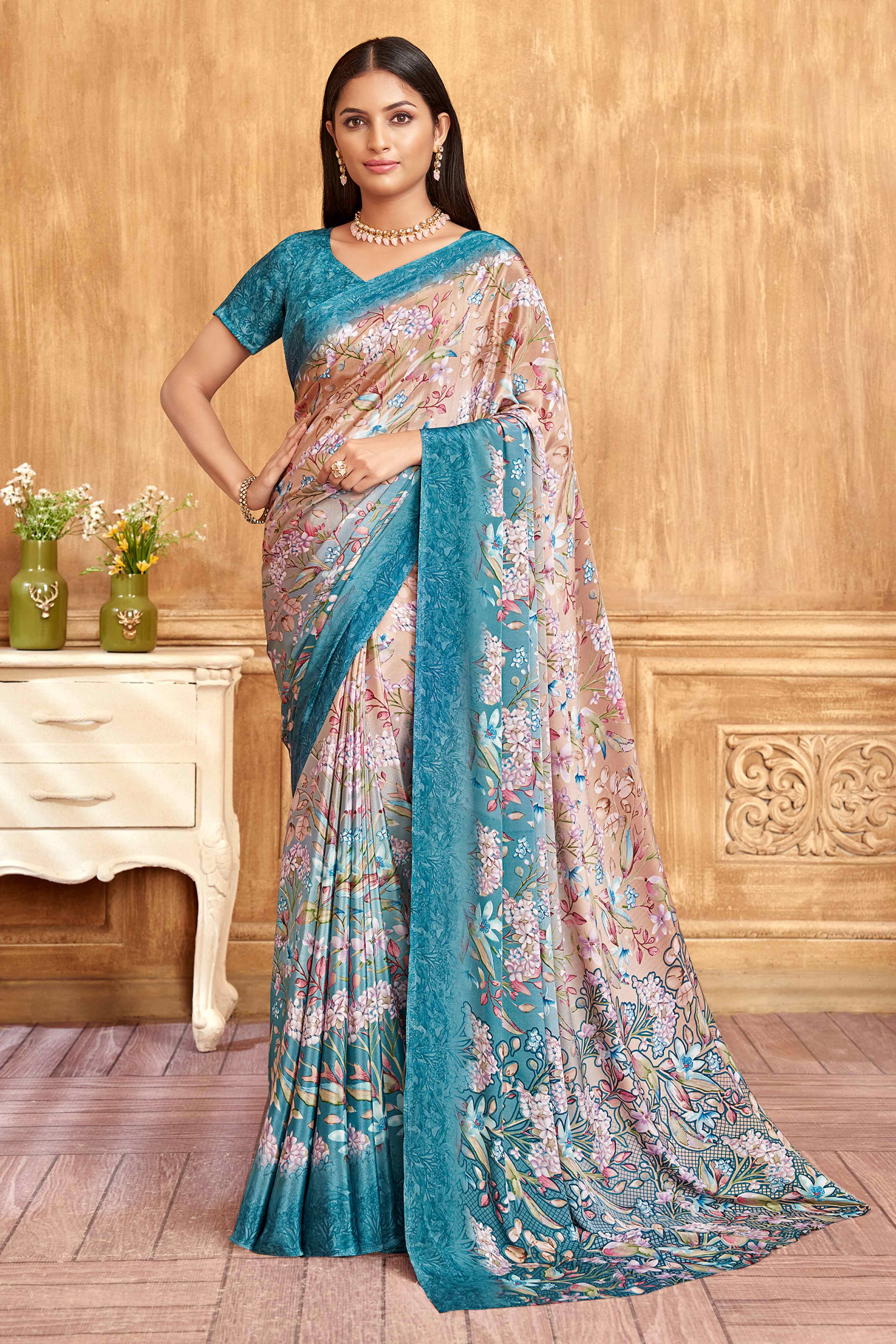 Blue Floral Printed Crepe Silk Saree