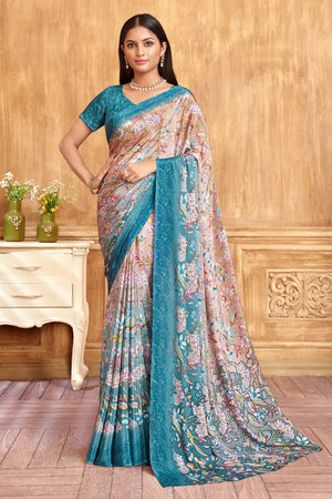 Blue Floral Printed Crepe Silk Saree