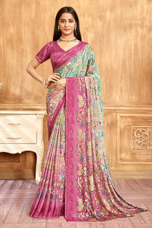 Pink Floral Printed Crepe Silk Saree