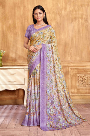 Purple Floral Printed Crepe Silk Saree
