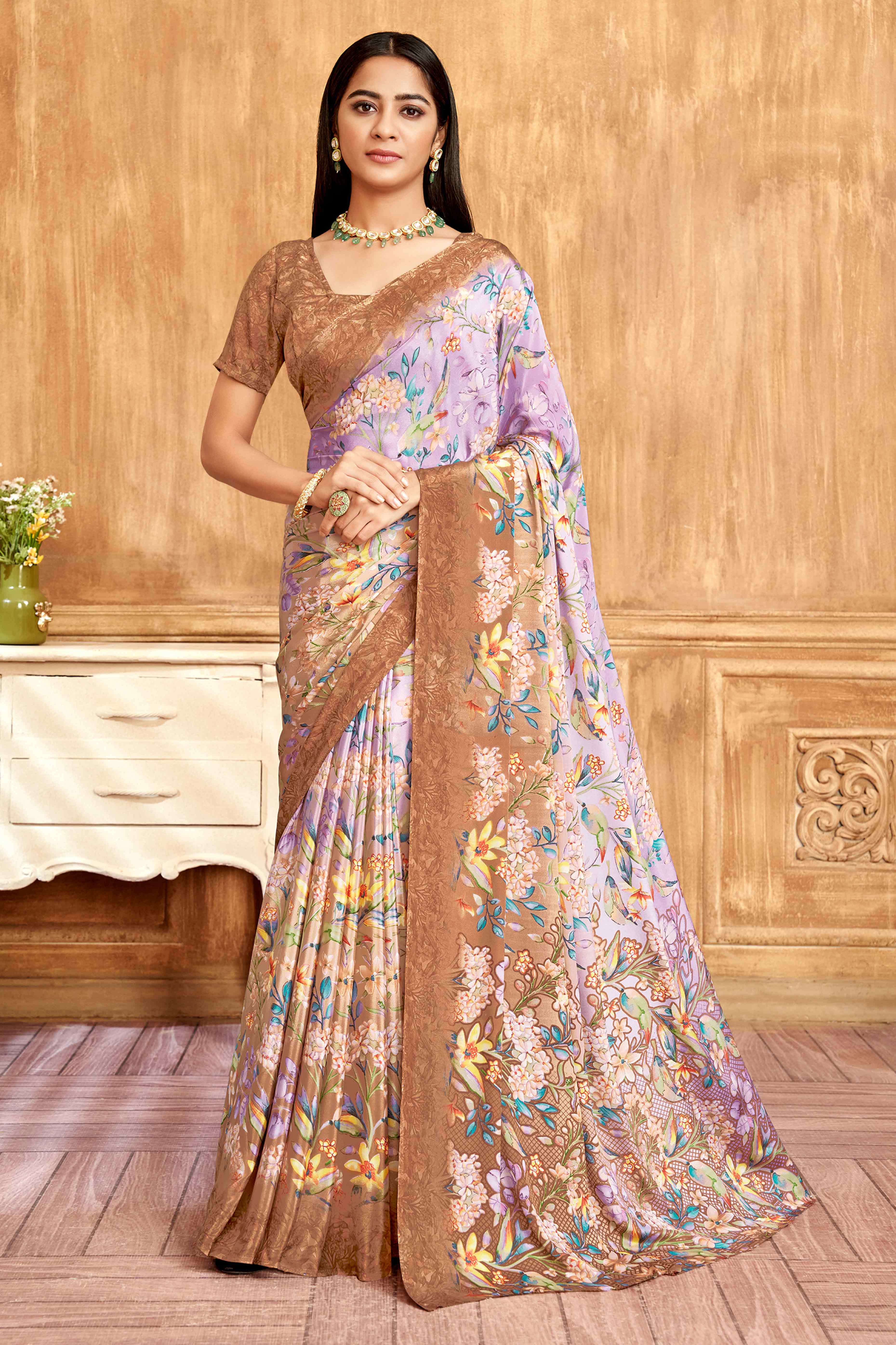 Light Brown Floral Printed Crepe Silk Saree