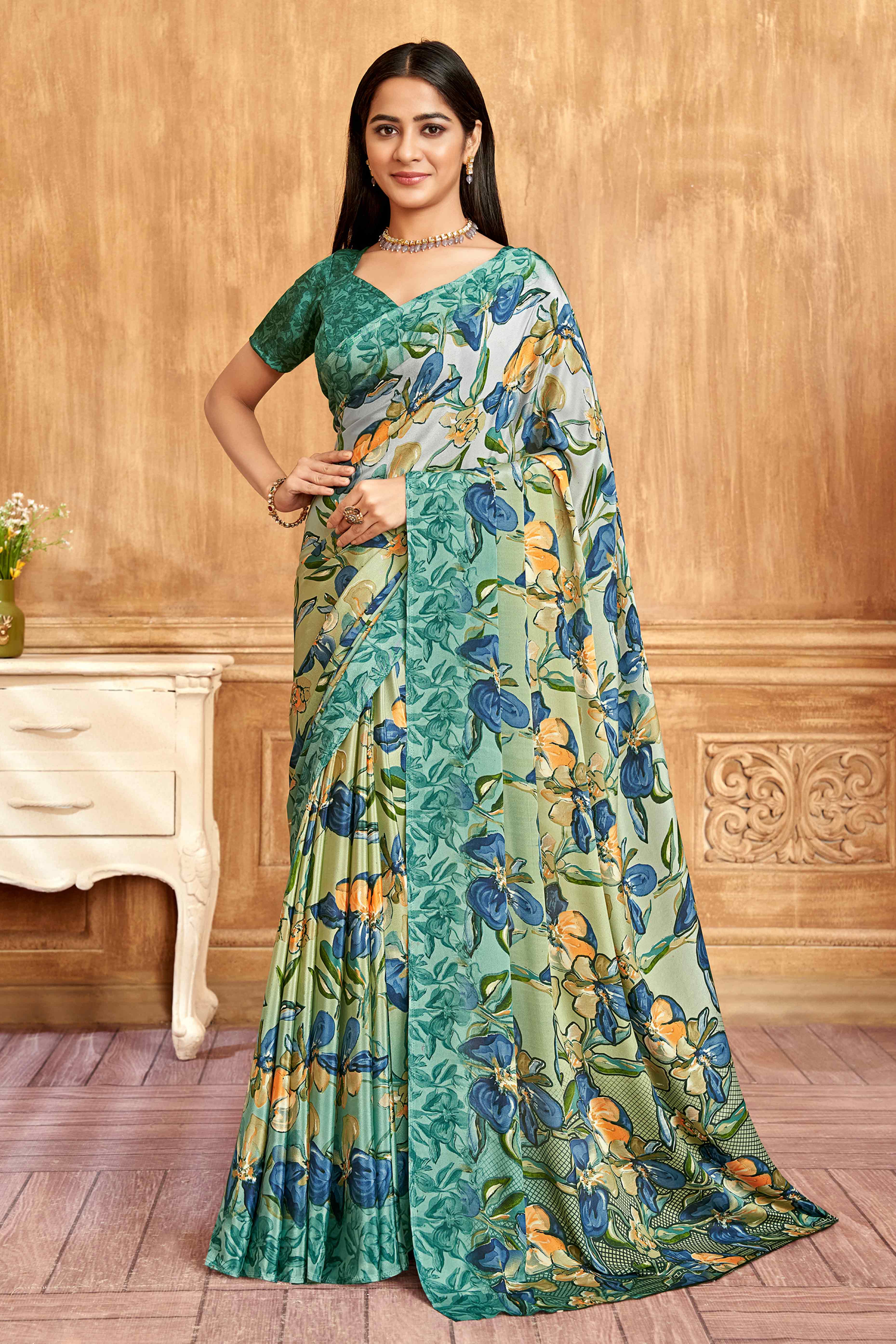 Sea Green Floral Printed Crepe Silk Saree