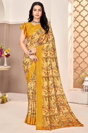 Mustard Silk Crepe Saree With Artistic Geometric Printed Work