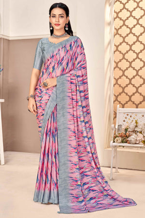 Pink & Grey Silk Crepe Saree With Artistic Abstract Printed Work