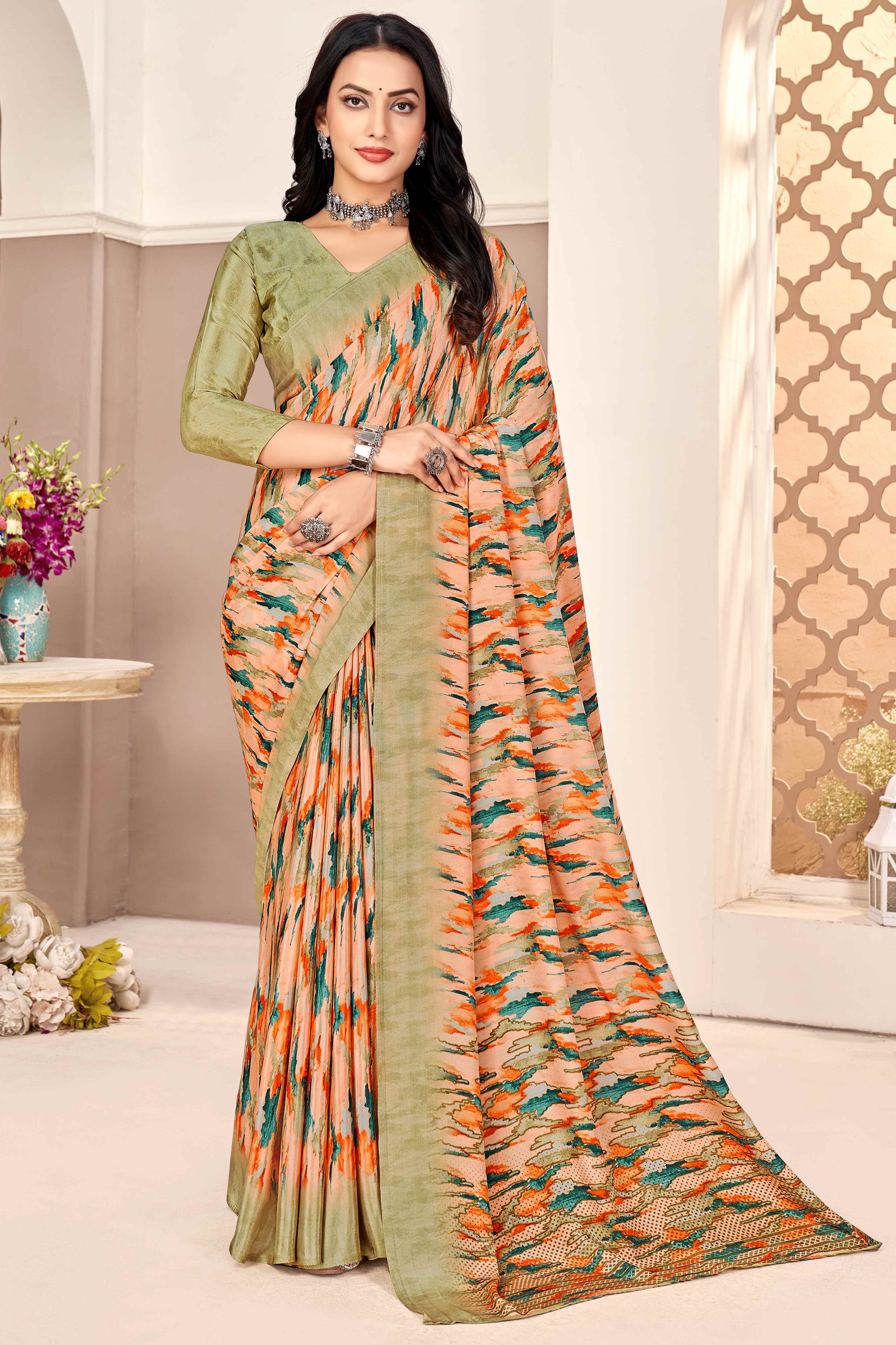 Peach & Olive Silk Crepe Saree With Artistic Abstract Printed Work
