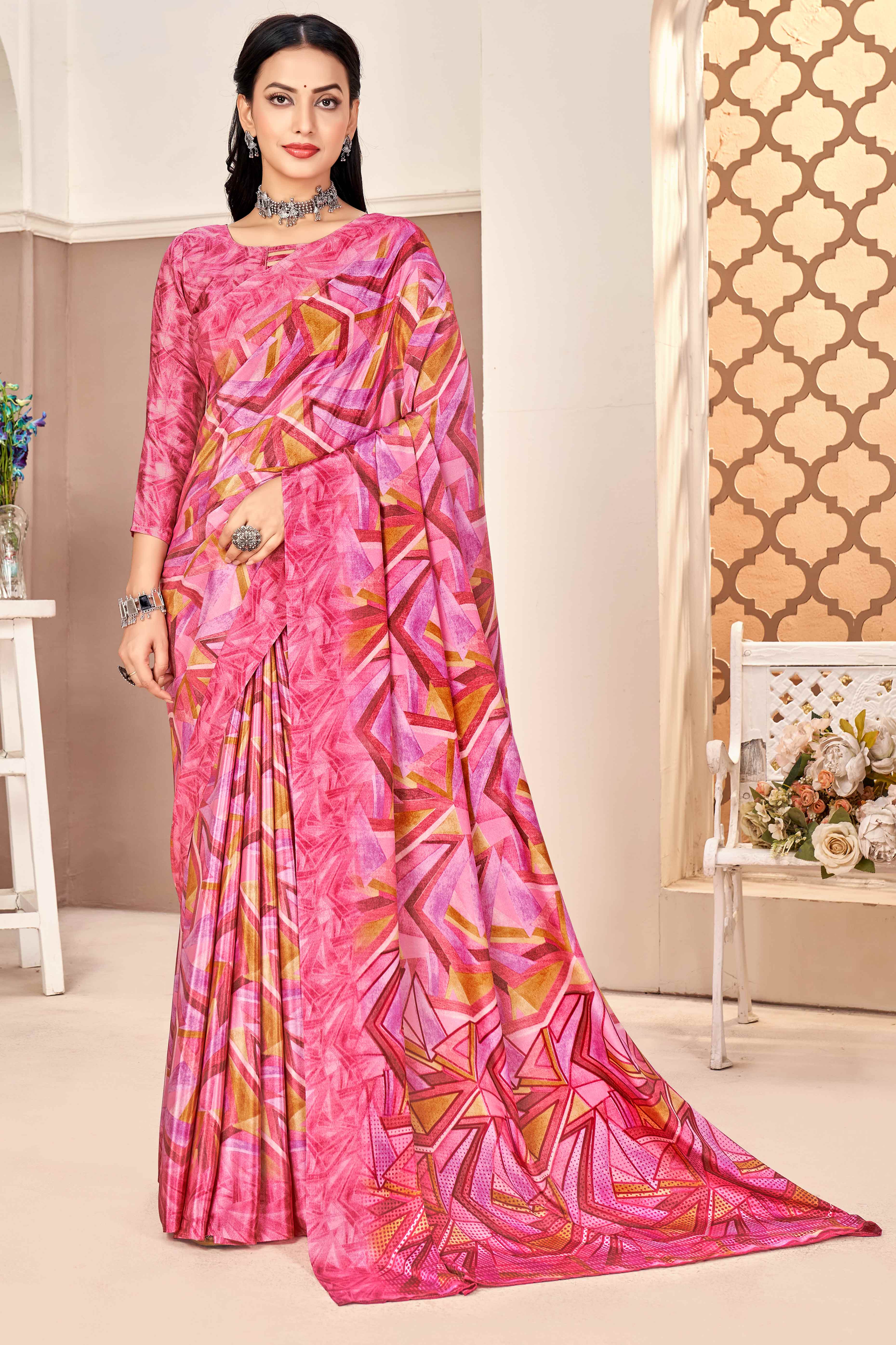 Pink Silk Crepe Saree With Artistic Geometric Printed Work