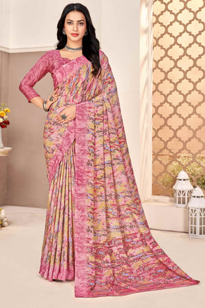 Onion Pink Silk Crepe Saree With Artistic Abstract Printed Work