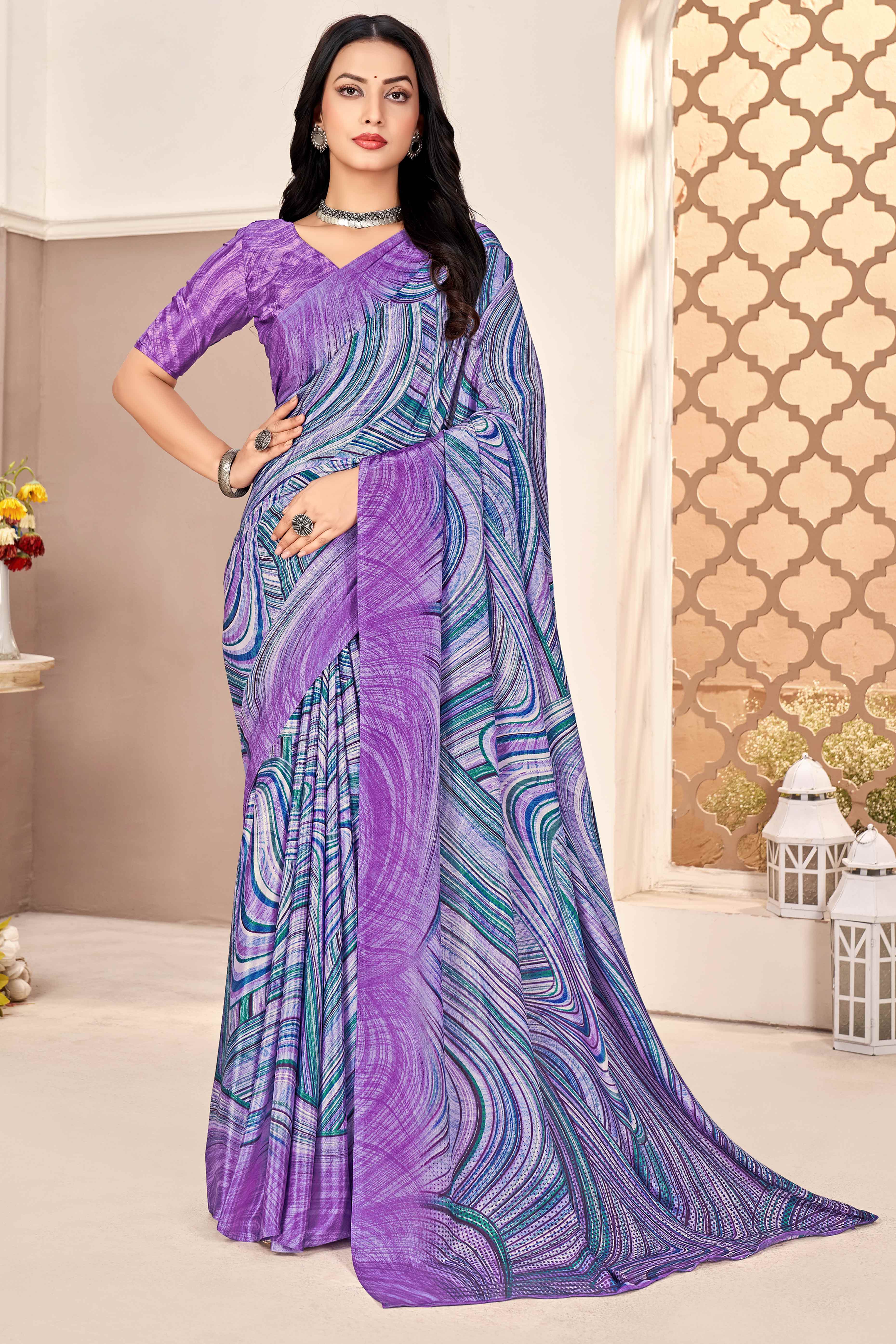 Purple Silk Crepe Saree With Artistic Abstract Printed Work