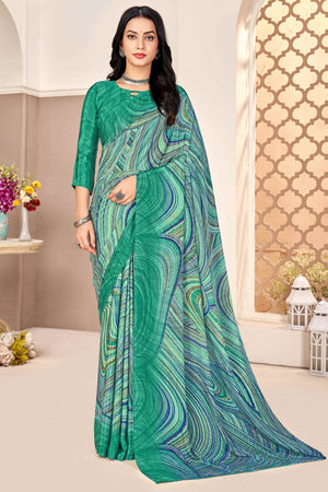 Green Silk Crepe Saree With Artistic Abstract Printed Work