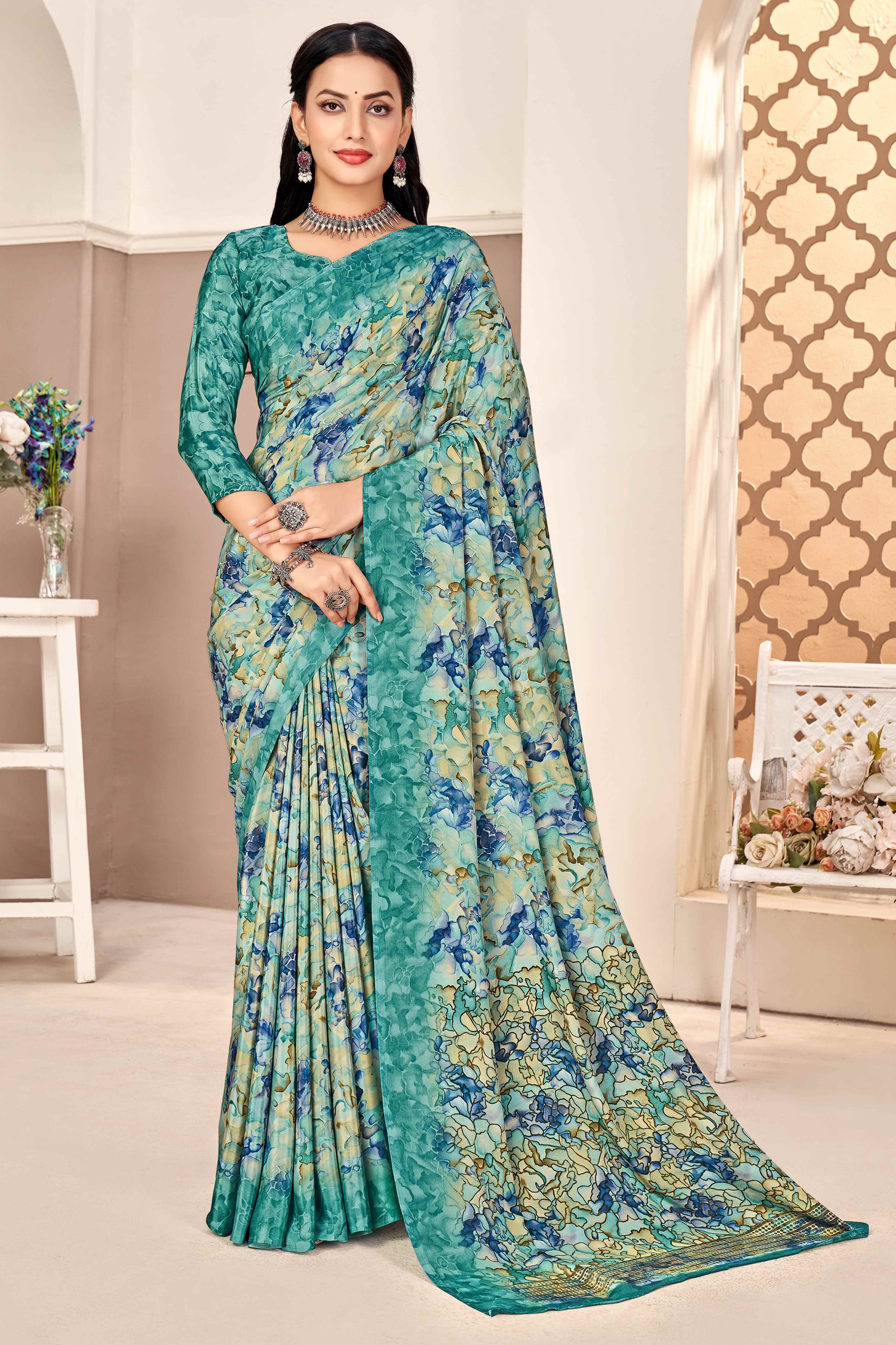 Teal Silk Crepe Saree With Artistic Abstract Printed Work