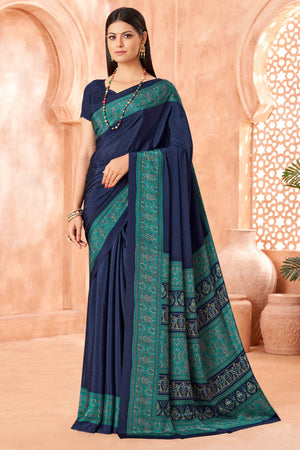 Navy Blue Crepe Silk Saree with Elegant Floral Print Detailing