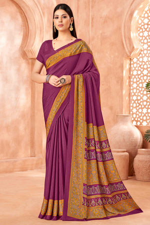 3Dark Magenta Crepe Silk Saree with Elegant Floral Print Detailing