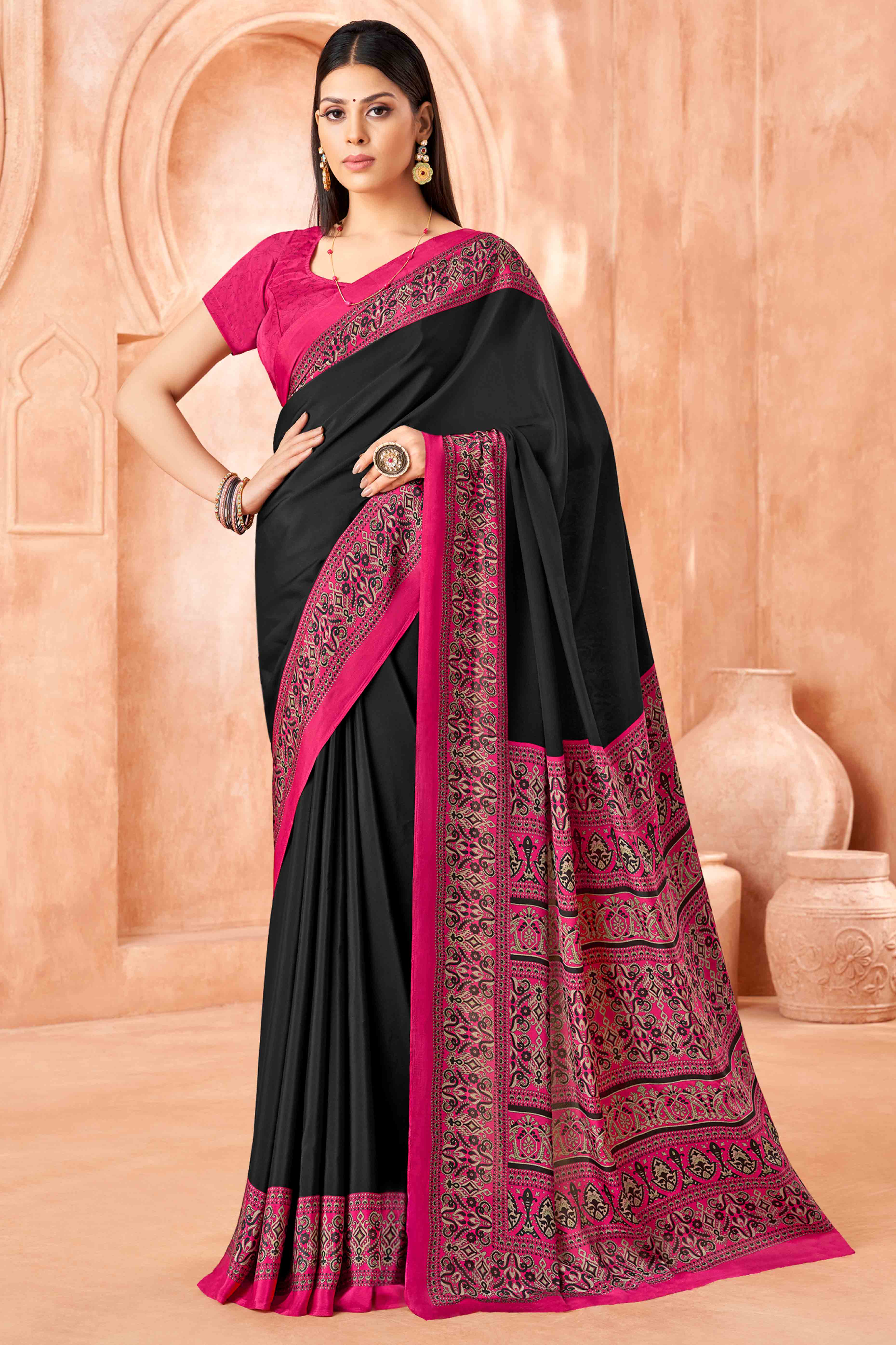 Black Crepe Silk Saree with Elegant Floral Print Detailing