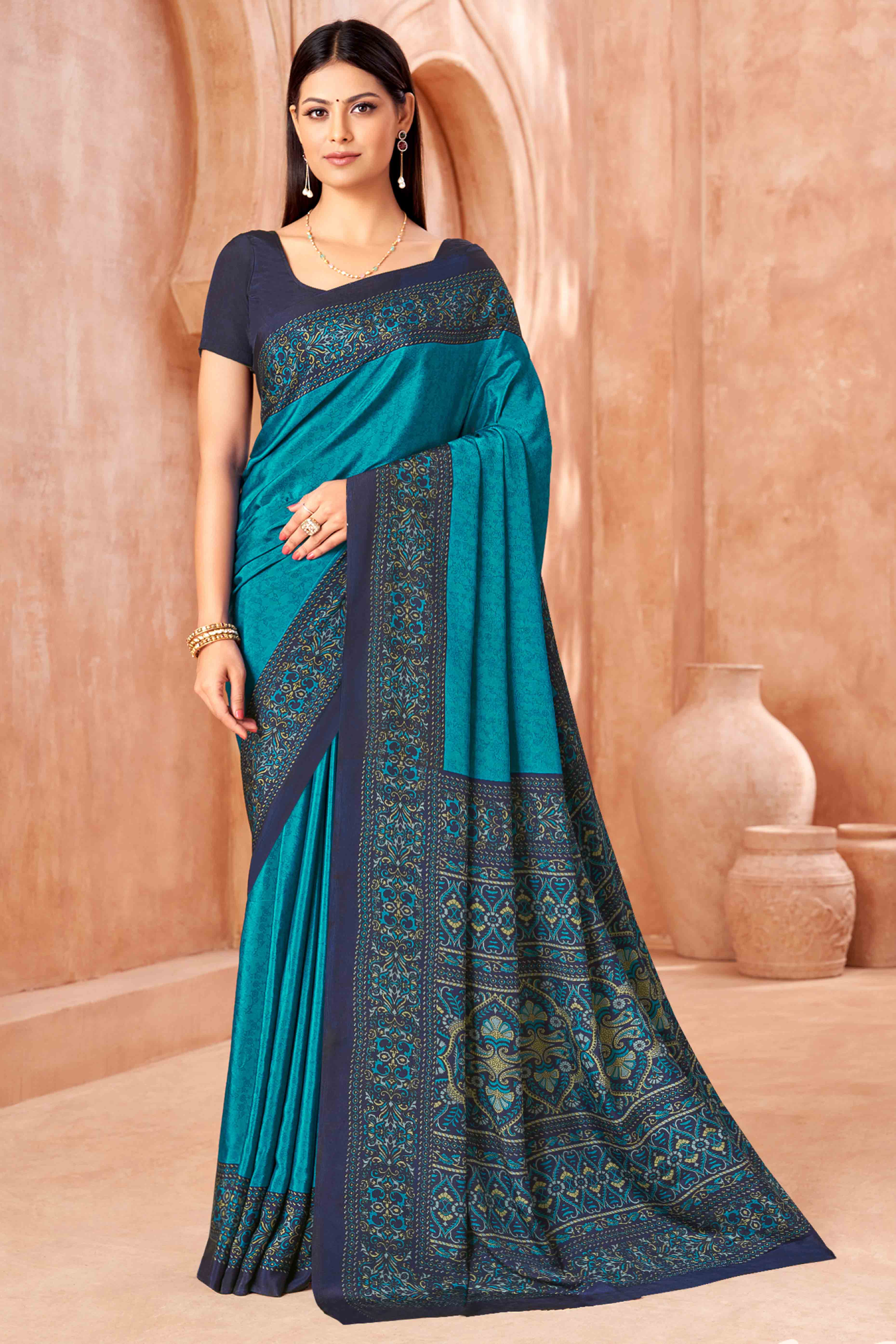 Blue Crepe Silk Saree with Elegant Floral Print Detailing