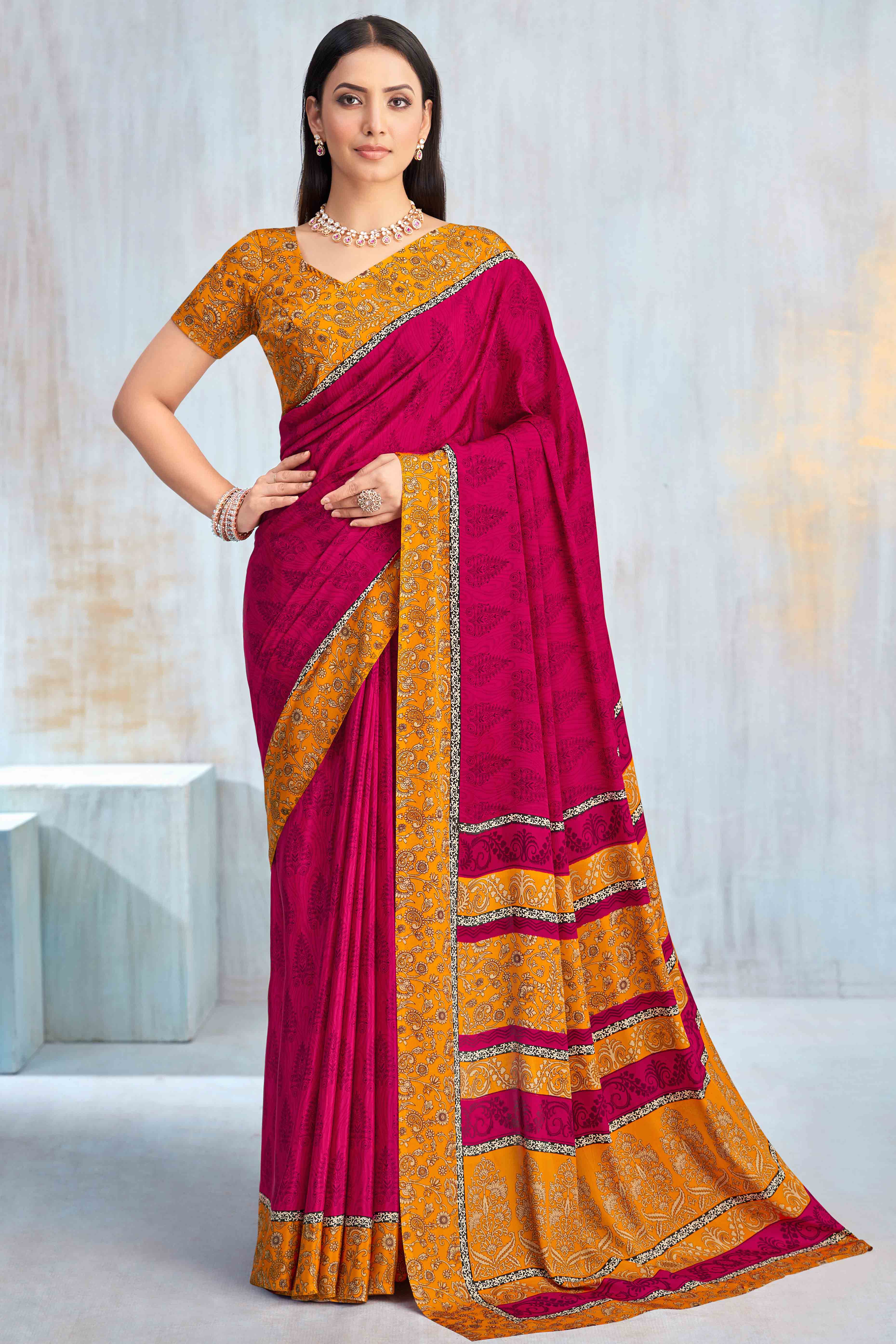 Pink Crepe Silk Saree Featuring Delicate Floral Print Work