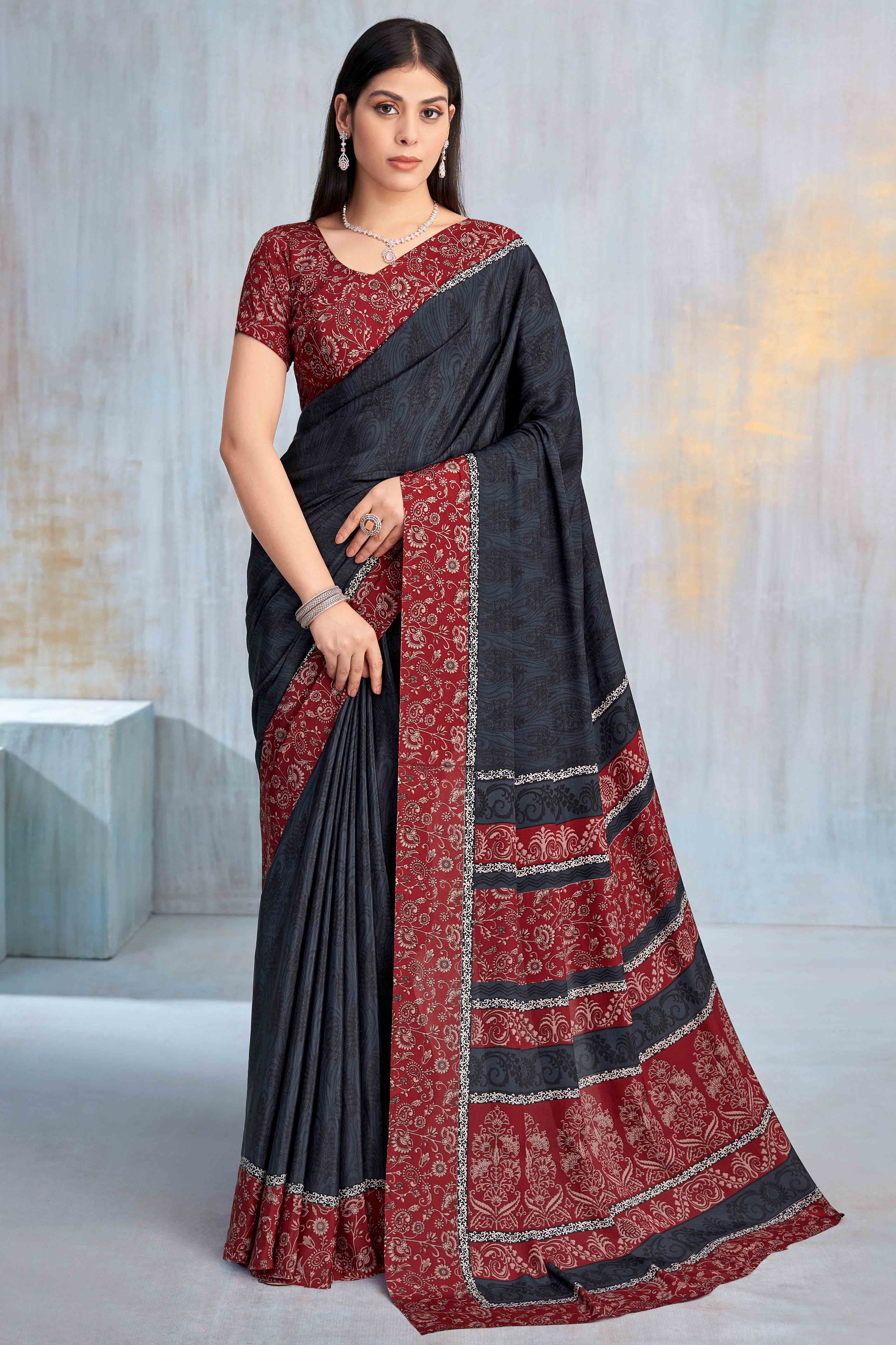 Dark Grey Crepe Silk Saree Featuring Delicate Floral Print Work