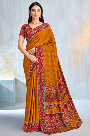 Mustard Crepe Silk Saree Featuring Delicate Floral Print Work