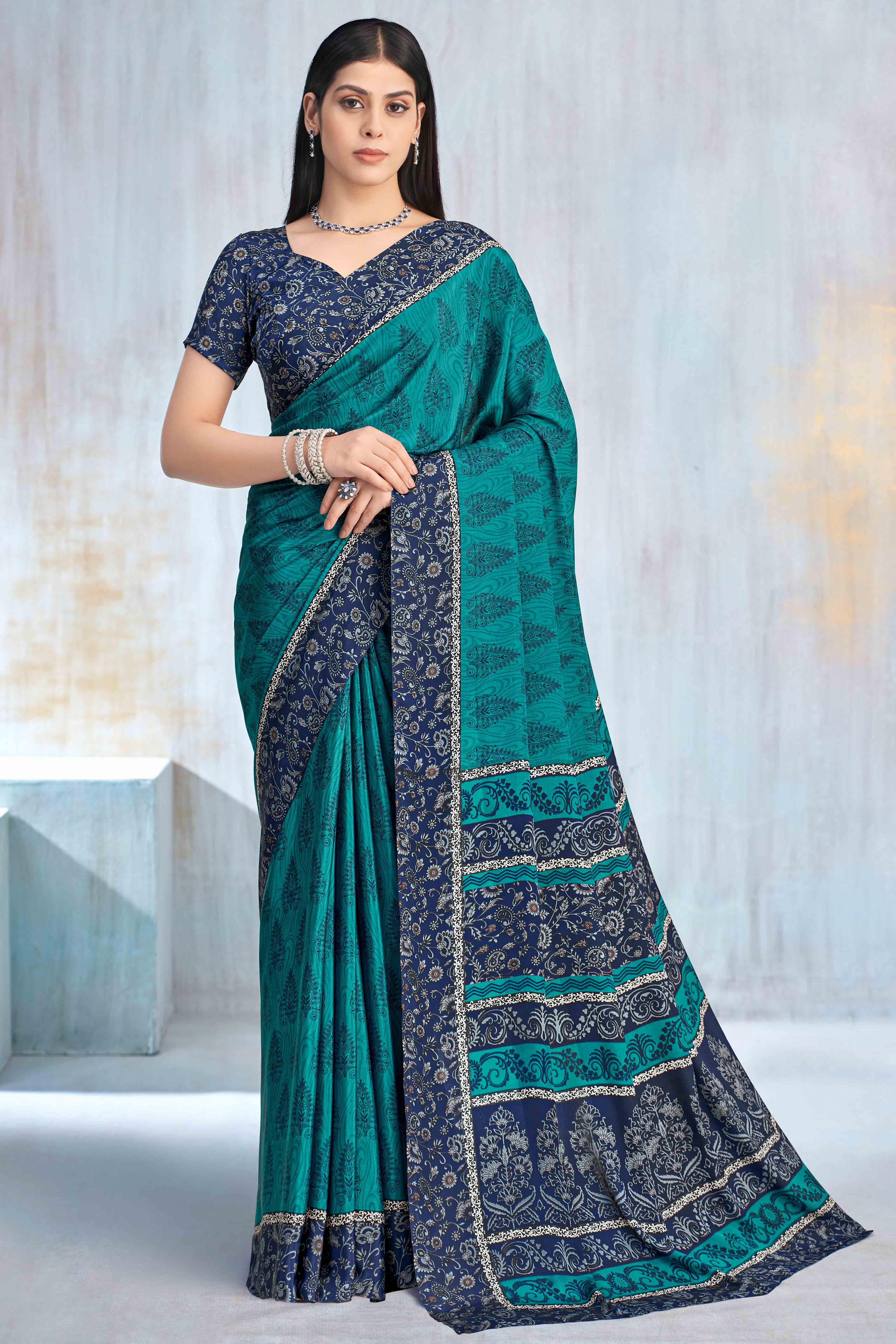 Teal Crepe Silk Saree Featuring Delicate Floral Print Work