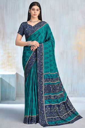 Teal Crepe Silk Saree Featuring Delicate Floral Print Work