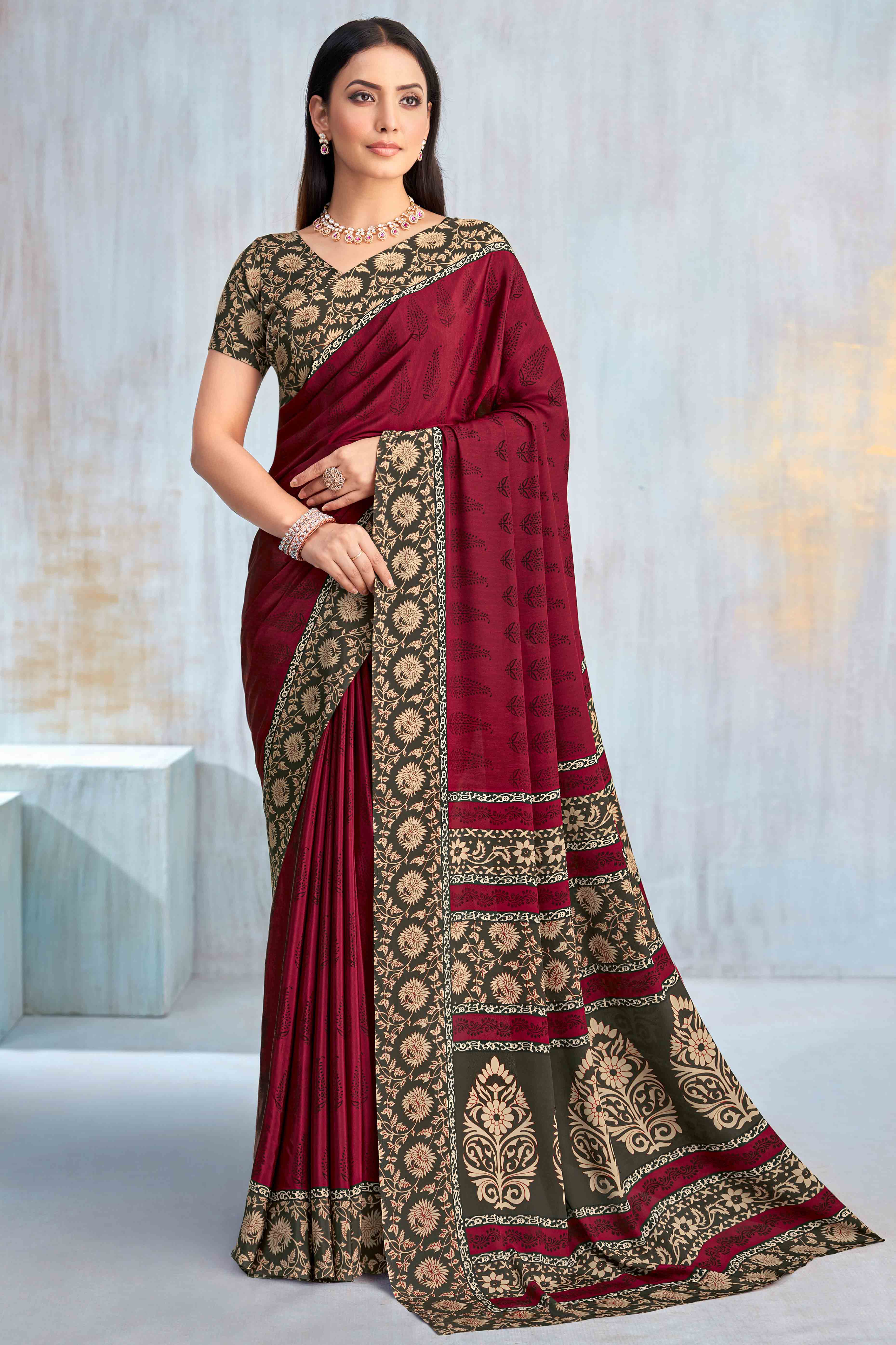 Maroon Crepe Silk Saree Featuring Delicate Floral Print Work