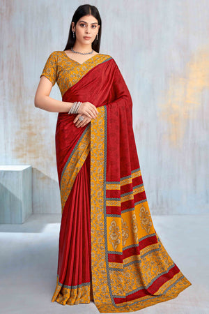 Red Crepe Silk Saree Featuring Delicate Floral Print Work