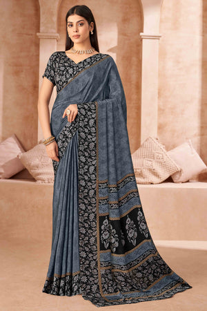 Grey Crepe Silk Saree With Timeless Floral Print Detailing