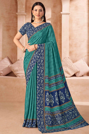 Teal Crepe Silk Saree With Timeless Floral Print Detailing