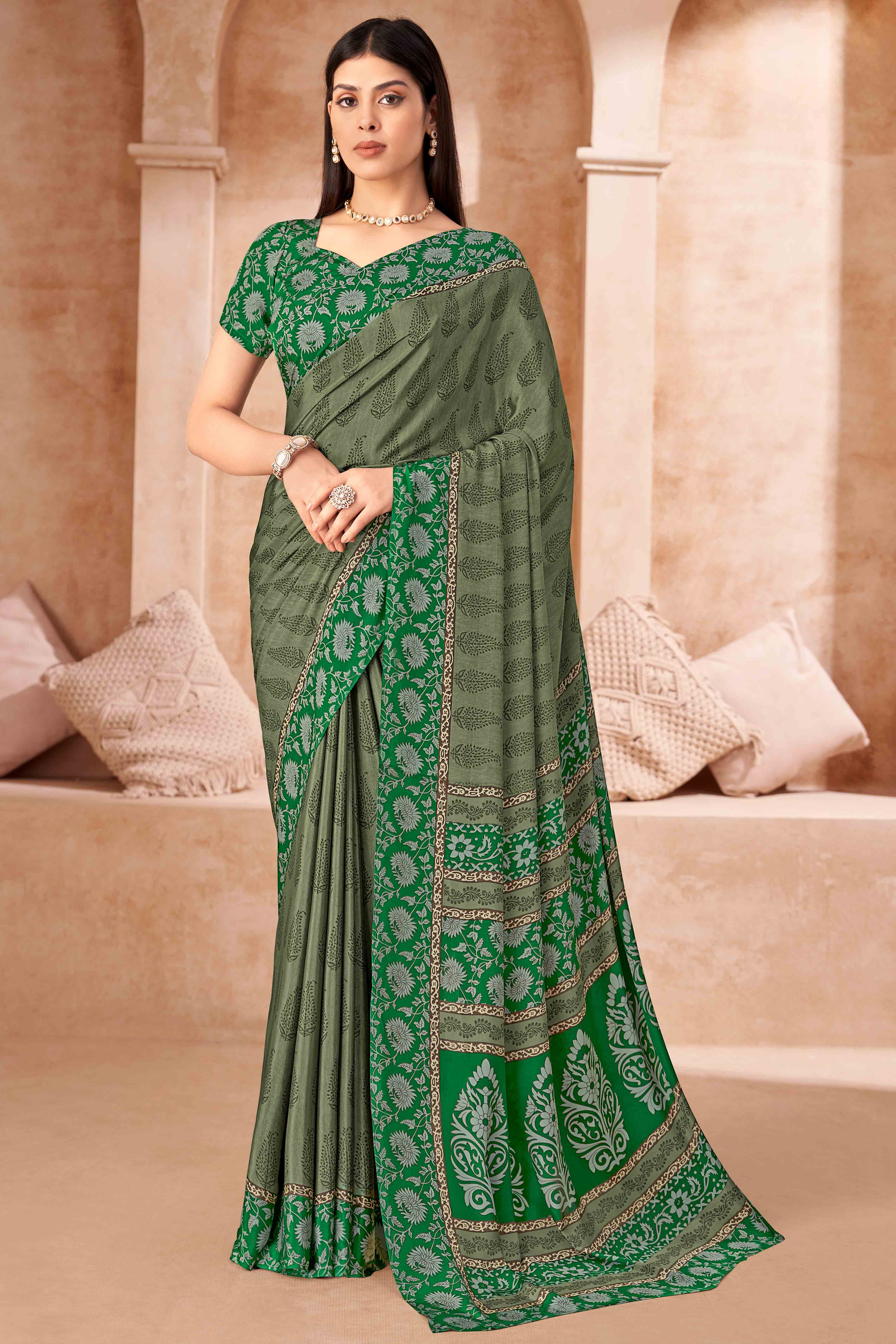 Green Crepe Silk Saree With Timeless Floral Print Detailing