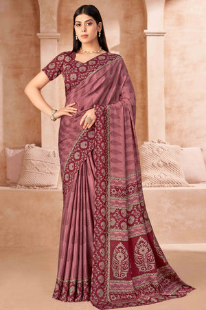 Toasted Mauve Crepe Silk Saree With Timeless Floral Print Detailing