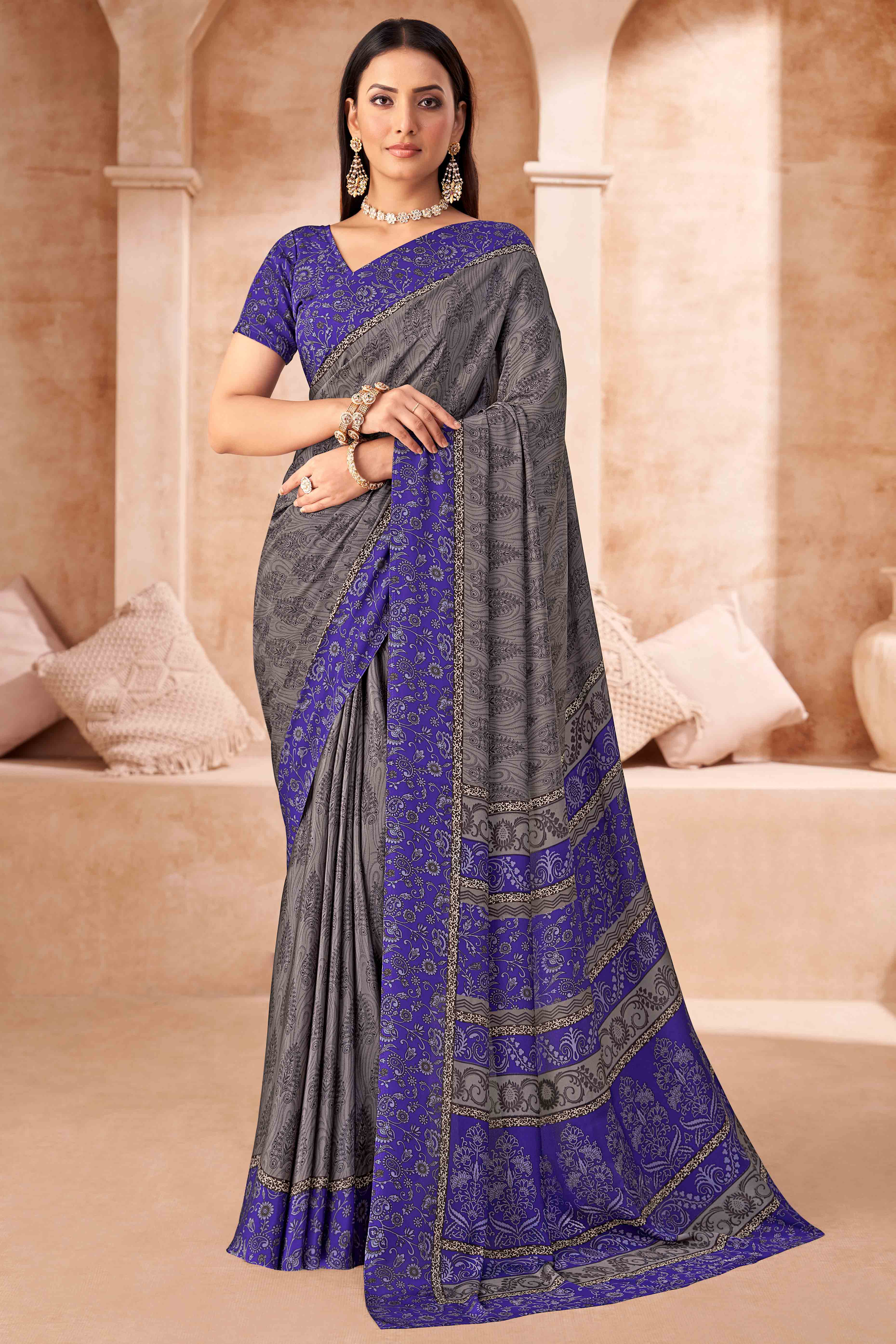 Grey & Purple Crepe Silk Saree With Timeless Floral Print Detailing
