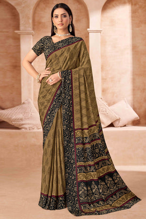 Chikoo Crepe Silk Saree With Timeless Floral Print Detailing