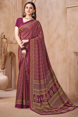 Wine Crepe Silk Saree Featuring Delicate Floral Print Work