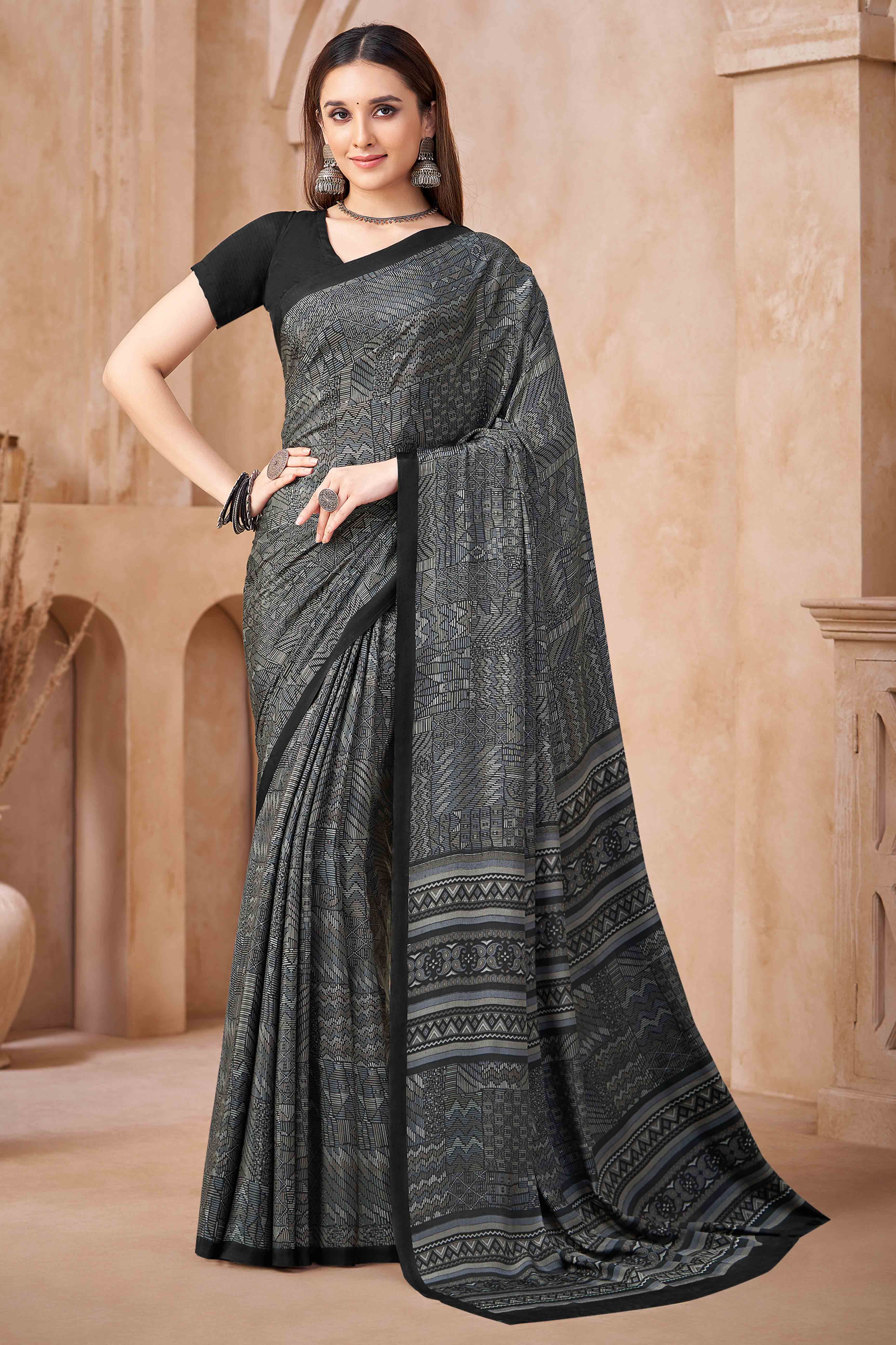 Dark Grey Crepe Silk Saree Featuring Delicate Geometric Print Work